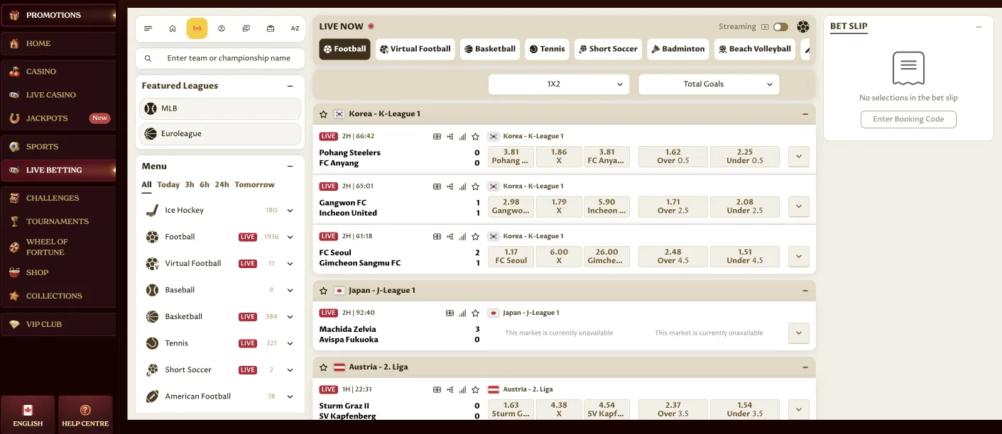 Casoola interfaccia scommesse sportive live in-play con quote dinamiche