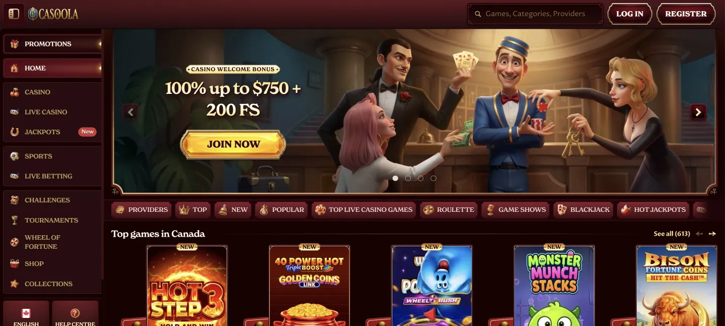 Casoola Casino interfaccia principale lobby giochi con categorie