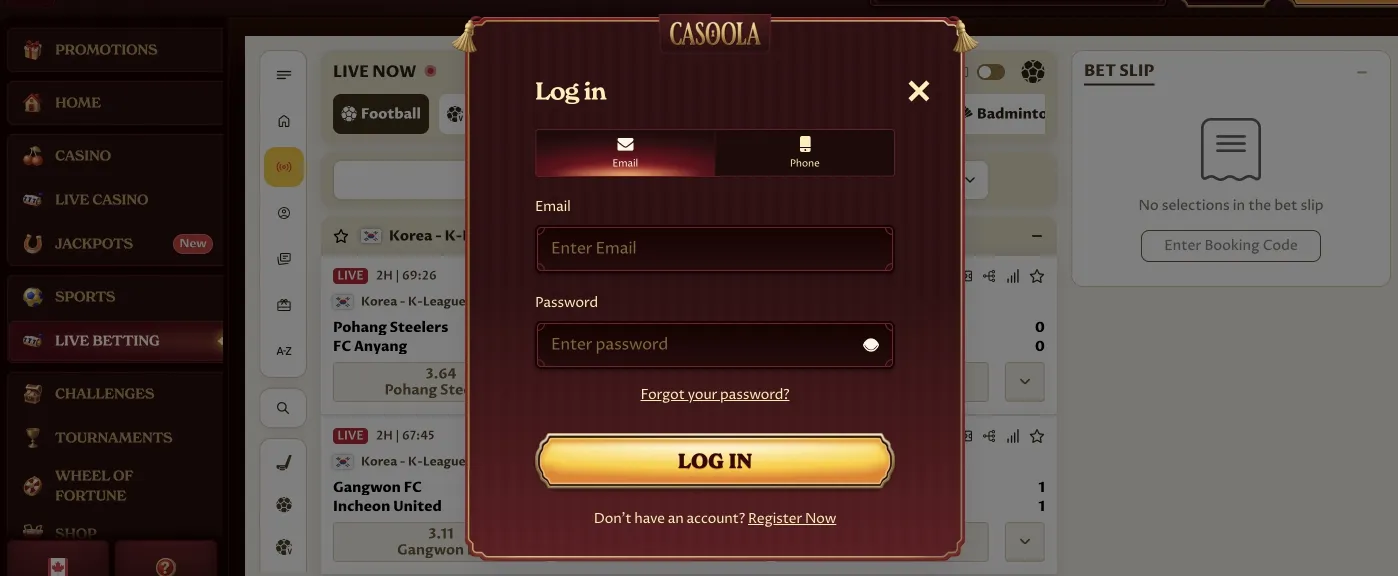 Interfaccia di login sicuro di Casoola Casino