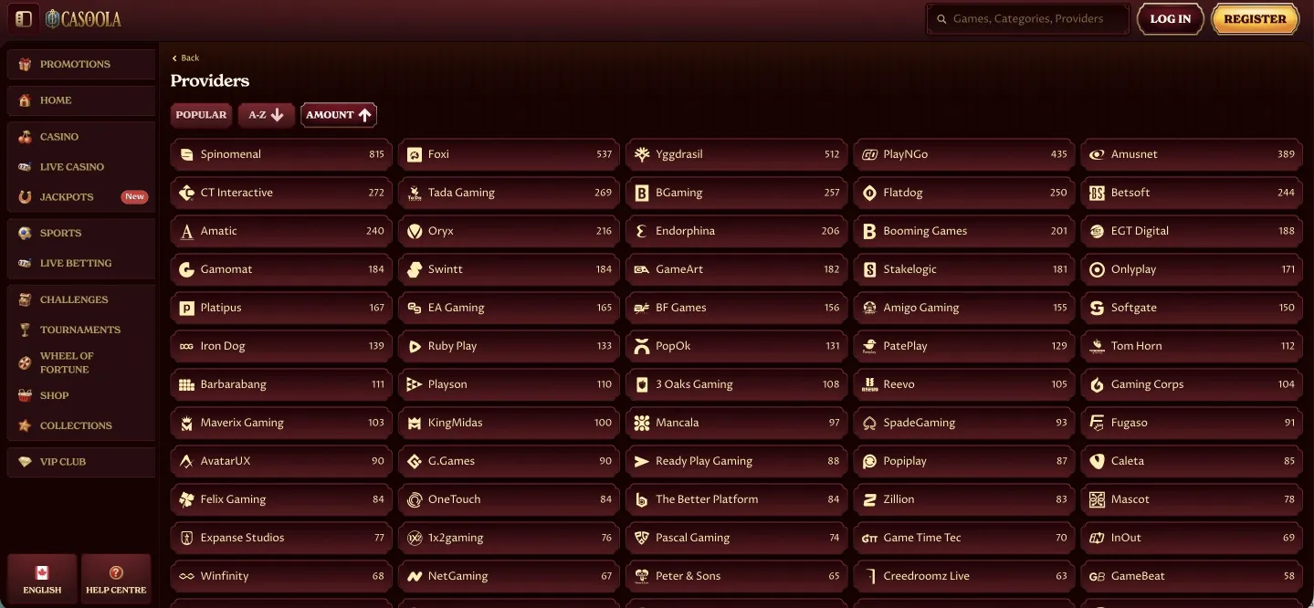 Casoola Casino elenco filtro provider software