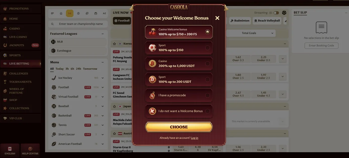Casoola Casino modulo di registrazione passo 1 interfaccia