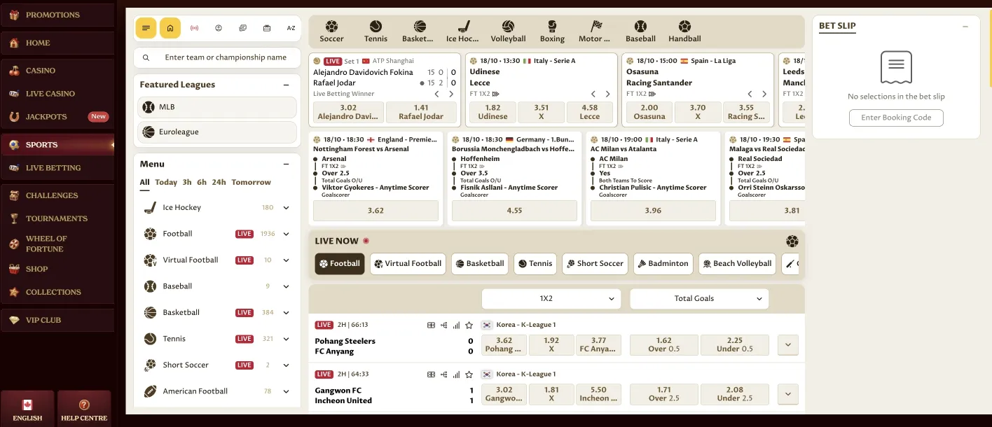 Casoola Sportsbook lobby principale con 35+ categorie sportive